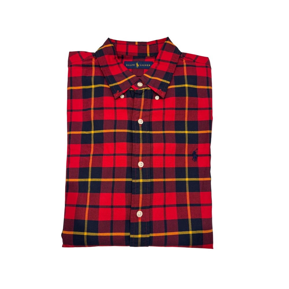 Ralph Lauren Mens Large Red Navy Yellow Plaid Button Down Cotton Shirt L - Picture 1 of 9